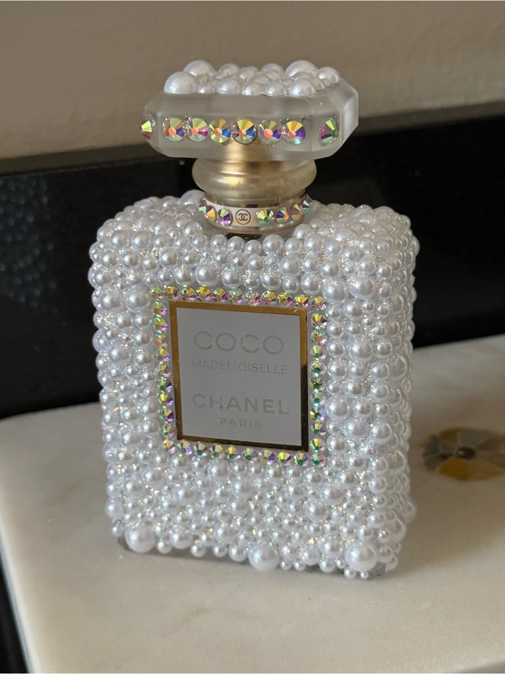 Coco CHANEL Pearl & Crystal Embellished Decorative Piece in White and Gold-empty